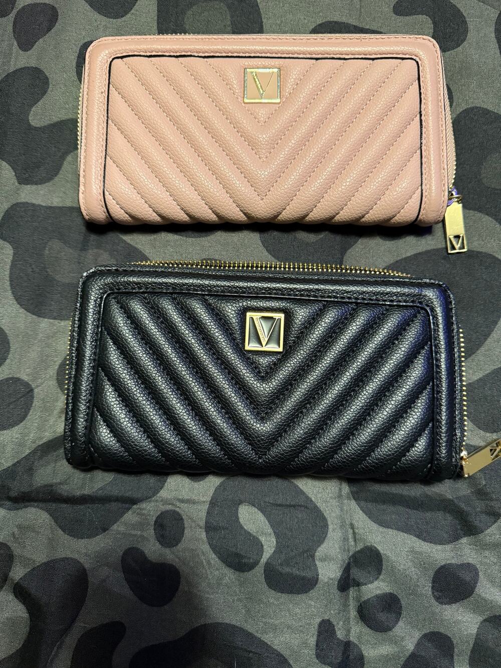 Lot of 2 Victoria's Secret V Quilt Wallets Full Size Pink and Black